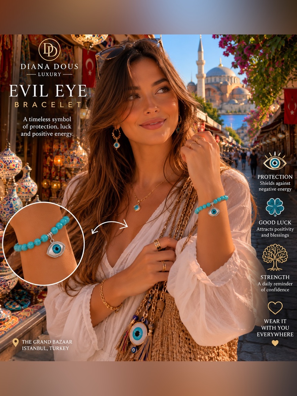 Turquoise Beaded Evil Eye Bracelet